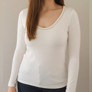 Zara W/B White Beaded Pearl Neck Fitted Long Sleeve Top Medium  Women’s